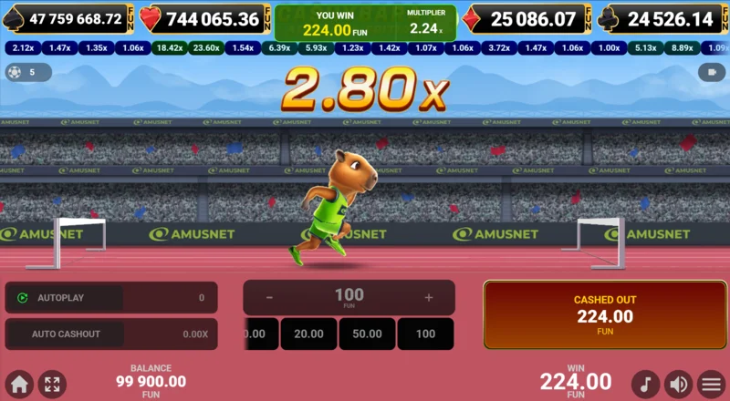 Cashybara Athletics Edition - Cash-out réussi et gains crédités